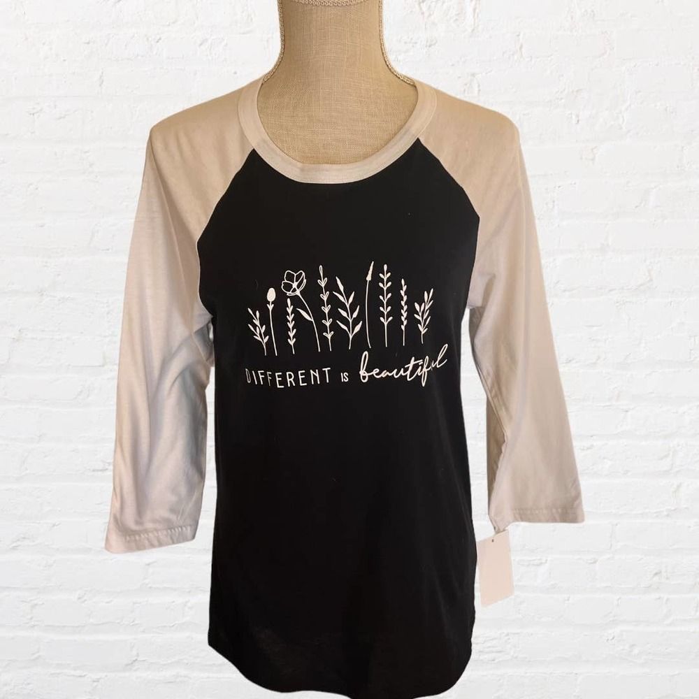 NWT, "Different is Beautiful" Baseball Style 3/4 Sleeve Tee, Small